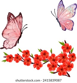 illustration of beautiful butterflies and red cherry blossoms