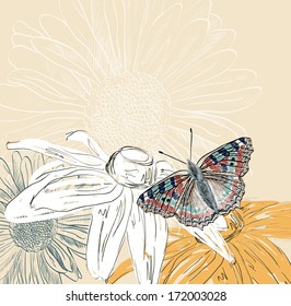 Illustration of beautiful butterfly with flowers