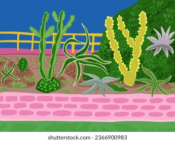 Ilustración de hermosos cactús y suculentos paisajes. Fondo tropical. Jardín exótico en México. El paraíso del desierto.