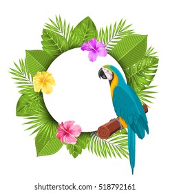 Illustration Beautiful Card with Parrot Ara, Colorful Flowers Blossom and Tropical Leaves - Vector