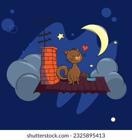 Illustration of a beautiful cat on the roof.