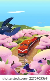 Illustration of beautiful cherry blossom landscape view of Alishan Mountain, Chiayi, Taiwan. Red Train running through cherry blossom forest on spring season