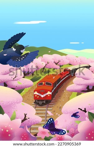 Illustration of beautiful cherry blossom landscape view of Alishan Mountain, Chiayi, Taiwan. Red Train running through cherry blossom forest on spring season