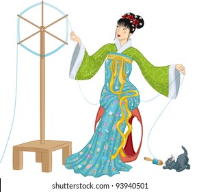 Illustration of beautiful Chinese woman sitting at a spinning wheel  and making a spool of silk thread and kitten playing with falling spool next to her.