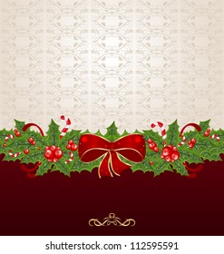 Illustration beautiful Christmas background with mistletoe, bow and pine - vector