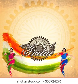 Illustration of beautiful classical dancers on tricolour paint strokes and Ashoka Wheel decorated background for Happy Indian Republic Day celebration.