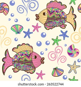 Illustration with beautiful colorful fish, starfish, shells and algae.Seamless pattern with hand drawn sea creatures. Vector illustration.