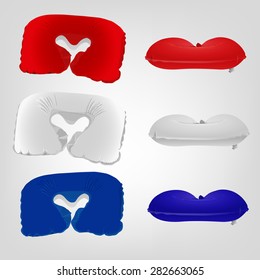 The illustration of  beautiful colorful inflatable pillows. Red, white and blue relaxing accessories. Ideal template for branding mock ups and souvenirs. Vector image.