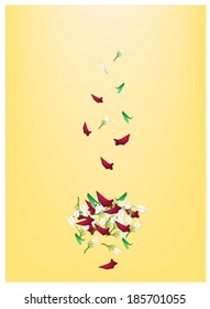 Illustration of Beautiful Corolla of Red Roses and White Jasmines on Yellow Background with Copy Space for Text Decorated . 