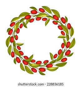 Illustration of Beautiful Crown or Laurel Wreath of Fresh Green Olive and Leaves with Red Berries Isolated on White Background. 