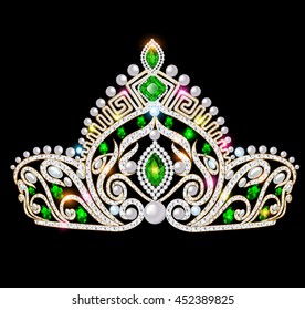 Illustration of a beautiful crown, tiara tiara with gems and pearls. Vector crown element for design