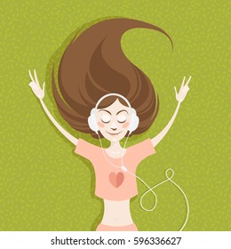 Illustration of a beautiful cute romantic young girl listening music on headphones and laying on grass. Character design. Spring, summer mood. Enjoying life.