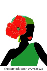 
Illustration with a beautiful dark-skinned girl and a bright red poppy flower.
