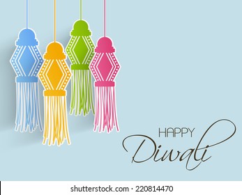 Illustration of beautiful decorated hangings and text of happy diwali on light skyblue background.