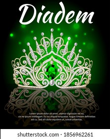 illustration beautiful diadem crown female with emeralds on a dark background with reflection