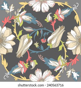 Illustration of a beautiful elegant contrasting floral pattern, with a high degree of detail. Circular ligature colored flowers on a dark dramatic background.