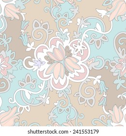 Illustration of a beautiful elegant delicate floral pattern in pastel colors with a high degree of detail. White flowers petals and tendrils intertwine on a beige background and the color tiffany.
