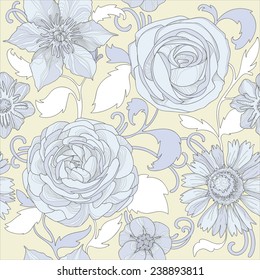 Illustration of a beautiful elegant floral pattern in pastel colors with a high degree of detail. Ligature blue flowers and petals on the sand-yellow background.