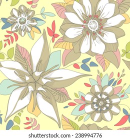 Illustration of a beautiful elegant floral pattern in pastel colors with a high degree of detail. Multi-colored flowers on a sandy yellow background.