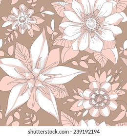 Illustration of a beautiful elegant floral pattern in pastel colors with a high degree of detail. Peachy pink flowers on a brown background.