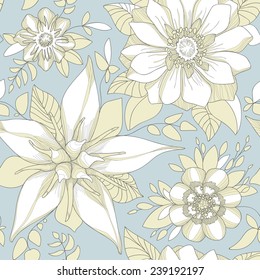 Illustration of a beautiful elegant floral pattern in pastel colors with a high degree of detail. Sandy yellow flowers on a sky blue background.
