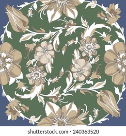 Illustration of a beautiful elegant floral pattern in pastel colors with a high degree of detail. Ligature light beige flowers and petals on the emerald green and dark blue background.