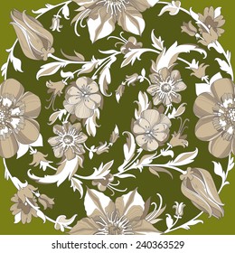 Illustration of a beautiful elegant floral pattern in pastel colors with a high degree of detail. Ligature light beige flowers and petals on a grassy green background.