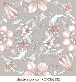 Illustration of a beautiful elegant floral pattern in pastel colors with a high degree of detail. Ligature light colors and petals on a light background.
