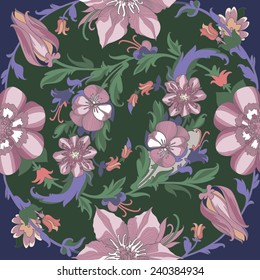 Illustration of a beautiful elegant floral pattern in pastel colors, with a high degree of detail. Pattern with purple flowers and petals on a dark green and dark blue background.