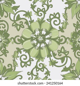 Illustration of a beautiful elegant floral pattern in pastel colors with a high degree of detail. Green flowers petals and tendrils intertwined in the composition in olive and white background.