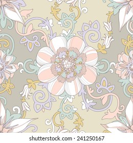 Illustration of a beautiful elegant floral pattern in pastel colors with a high degree of detail. Multicolored pastel petals flowers and curls intertwined in a beautiful composition.