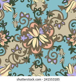 Illustration of a beautiful elegant floral pattern with a high degree of detail. Brown flowers petals and tendrils intertwine in dramatic composition on a beige background and the color tiffany.