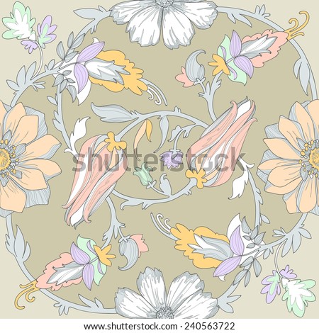Illustration of a beautiful elegant floral pattern in pastel colors with a high degree of detail. Circular ligature delicate emerald blue pink yellow flowers and leaves on the olive green background.