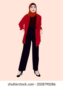 
illustration of a beautiful and elegant Muslim career woman, wearing a red cardigan and a red hijab and black trousers with black high heels.