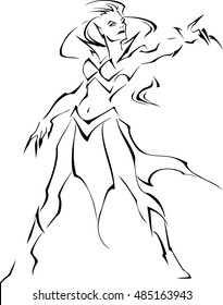 Illustration of a beautiful and evil vampire character in outline