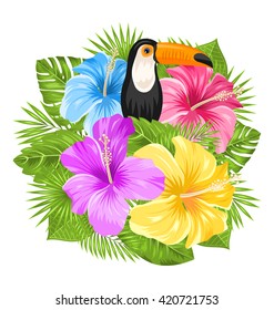 Illustration Beautiful Exotic Jungle Background with Toucan Bird, Colorful Hibiscus Flowers Blossom and Tropical Leaves, Isolated on White Background - Vector