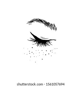 Illustration of beautiful eyebrows and eyelashes. Face with freckles.