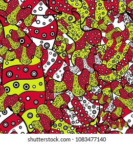 Illustration. Beautiful fabric background. Vector texture. Doodles on a red, black and yellow colors.