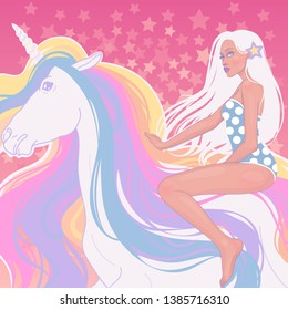 
illustration of a beautiful fairy girl princess elf blonde in a bathing suit body rides a rainbow unicorn among the stars