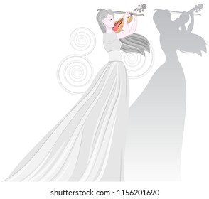 Illustration of beautiful fairy playing the violin. Poster for musical festival with woman's figure and her shadow. Vector cartoon image.