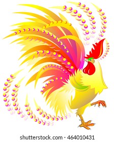 Illustration of beautiful fantasy rooster on white background, vector cartoon image.