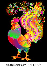 Illustration of beautiful fantasy rooster on black background, vector cartoon image.