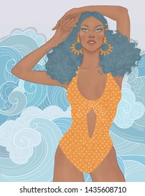 illustration of a beautiful fashion girl in a bright swimsuit and earrings on the background of the waves of the ocean sea