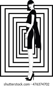 Illustration Of Beautiful Fashion Lady with  Short Bang Hairstyle. The drawing is stylized and minimalist. Black and White Vector illustration