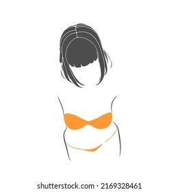 Illustration of a beautiful fashion model posing in a stylish swimsuit. Young attractive woman in bikini. Sketch style silhouette for branding. Top view