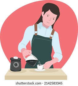 Illustration of a beautiful female barista making coffee for a customer