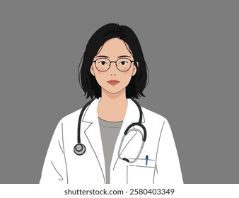 Illustration of a beautiful female doctor in white coat, gray background	