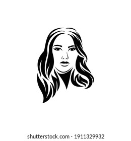 illustration of a beautiful female face with a long wavy hairstyle logo design,beauty salon logo,hairstyle,feminine vector template silhouette
