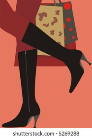 Illustration of beautiful female legs in black boots with shopping bags