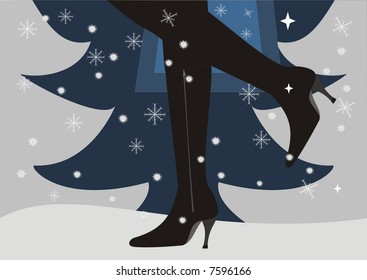 Illustration of beautiful female legs in black boots with shopping bags walking through the snowy street